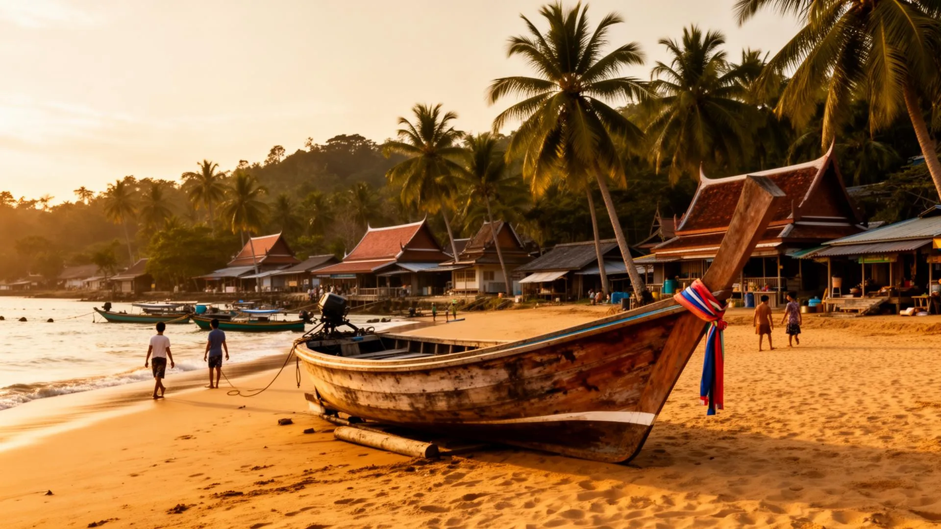 Longtail boat on a golden beach in a Koh Samui fishing village at sunset