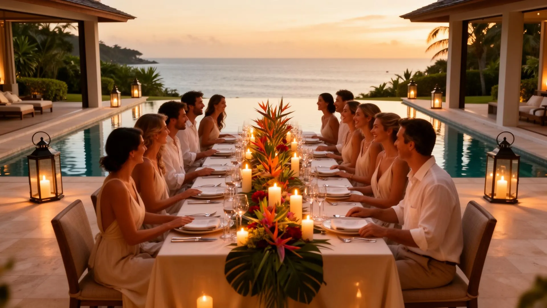 Long candlelit dinner table on a Koh Samui villa pool deck at golden hour, set with tropical flowers and lanterns above the Gulf of Thailand