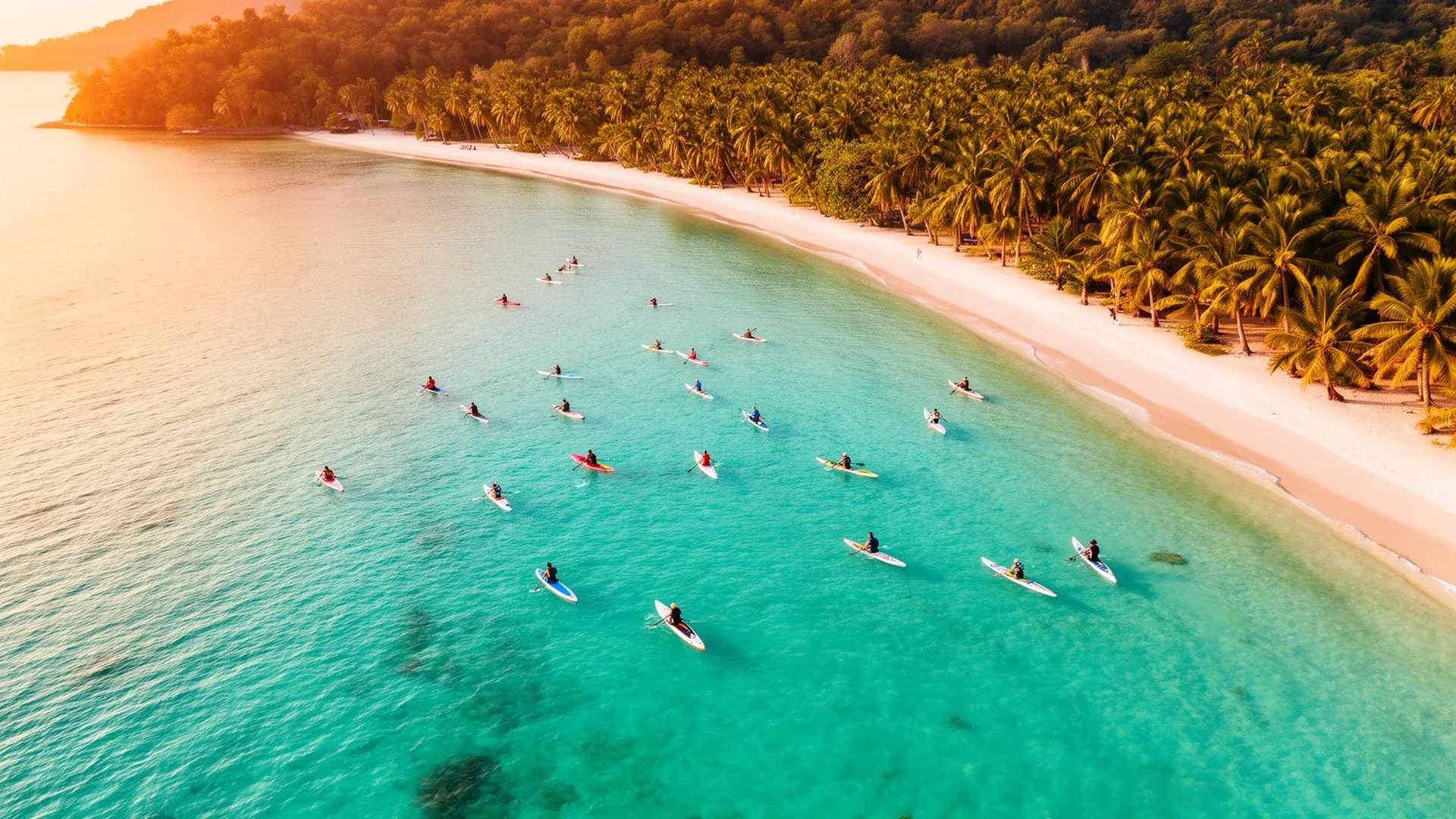 Aerial view of kayakers paddling through turquoise water along Koh Samui's palm-lined coastline during golden hour