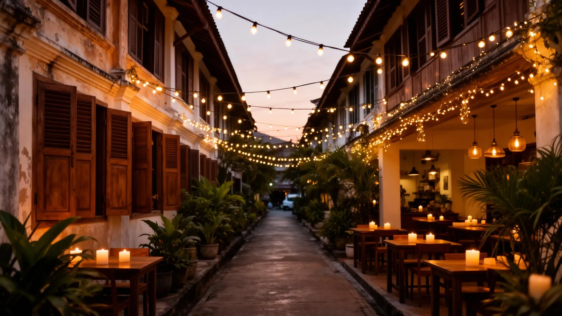 Narrow lane of restored Chinese-Thai shophouses in Fisherman's Village Bophut with fairy lights at dusk