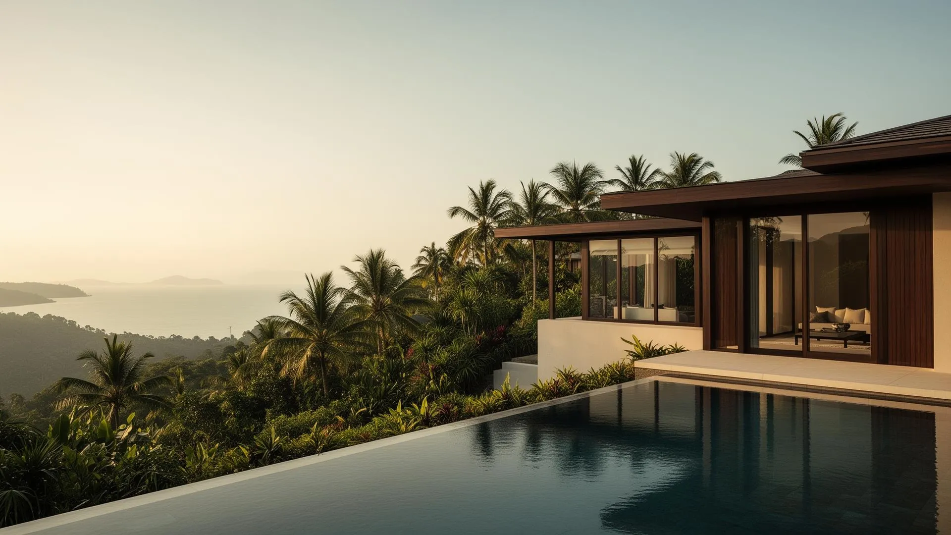 Villa de luxe moderne avec piscine à débordement surplombant le golfe de Thaïlande sur Koh Samui à l'heure dorée.