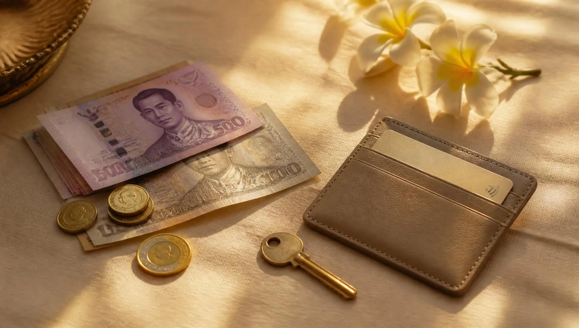 Flat-lay of Thai baht banknotes and coins beside a leather card wallet and a brass key on a cream linen surface in warm light