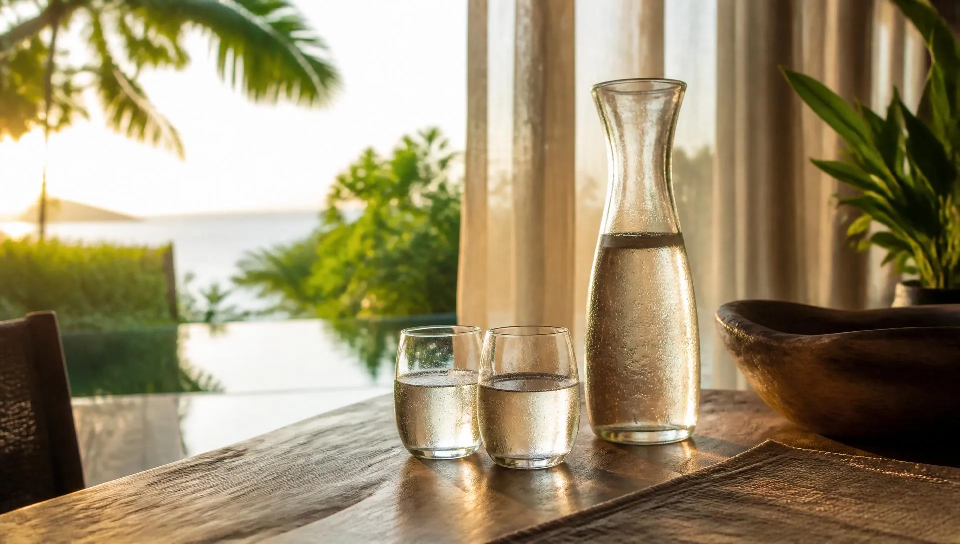Chilled carafe of filtered drinking water and two glasses on a teak villa dining table at golden hour on Koh Samui