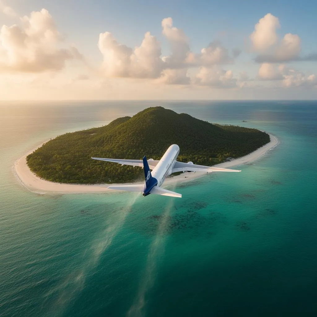 Luftaufnahme eines Verkehrsflugzeugs im Anflug auf eine Landebahn auf einer tropischen Insel mit türkisfarbenem Wasser darunter