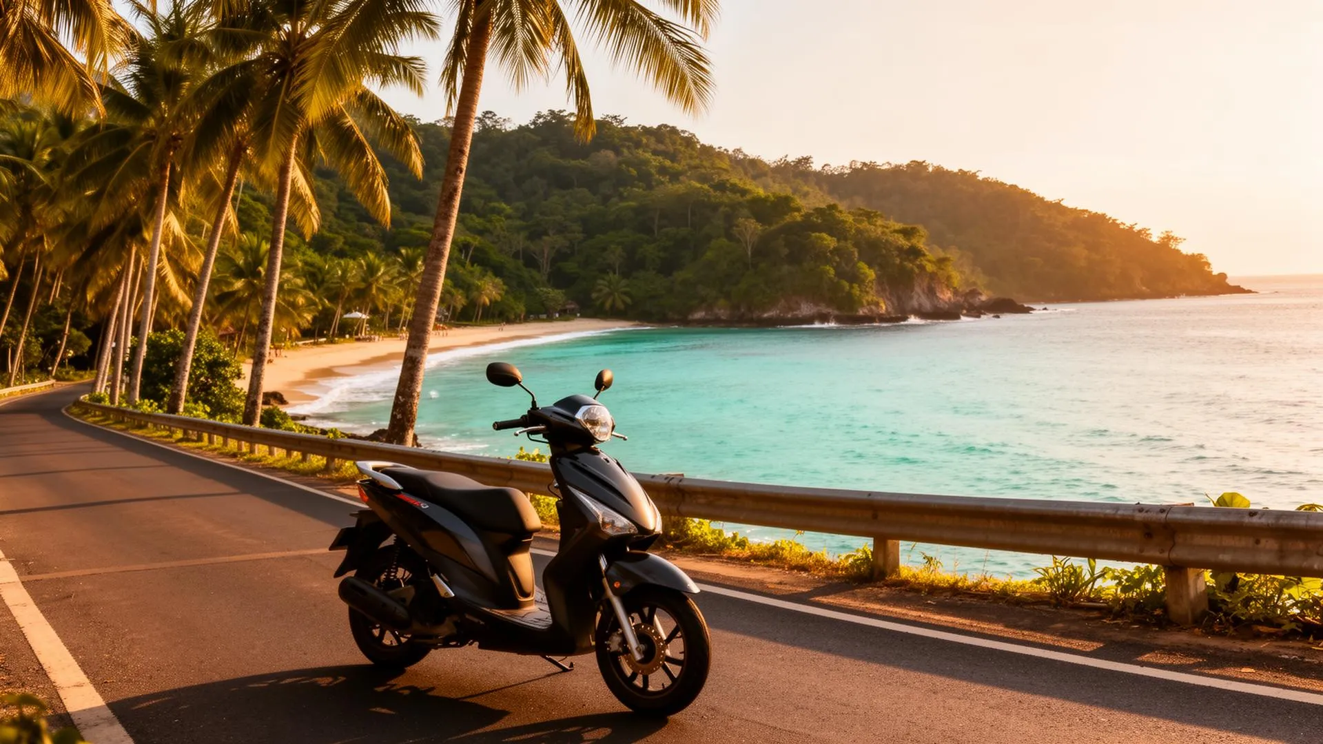 Scooter parked on a scenic coastal road overlooking a turquoise bay with coconut palms on Koh Samui