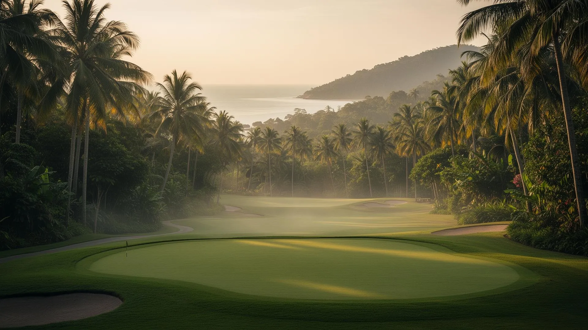 Manicured fairway of a tropical golf course on Koh Samui framed by coconut palms with a distant view of the Gulf of Thailand in golden afternoon light