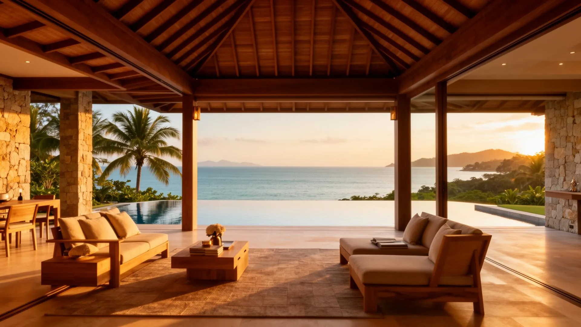 Open-plan living pavilion of a private luxury villa on Koh Samui at golden hour, with infinity pool and Gulf of Thailand views