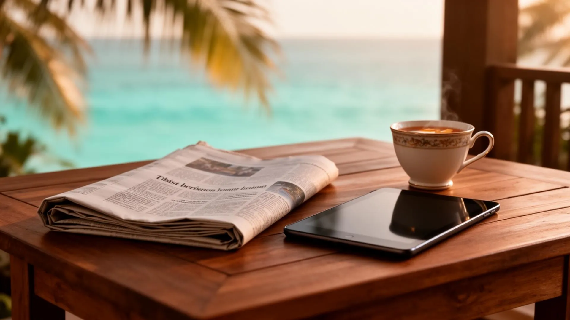 Folded newspaper, tablet, and a porcelain cup of Thai tea on a teakwood villa table overlooking the turquoise Gulf of Thailand at sunrise on Koh Samui