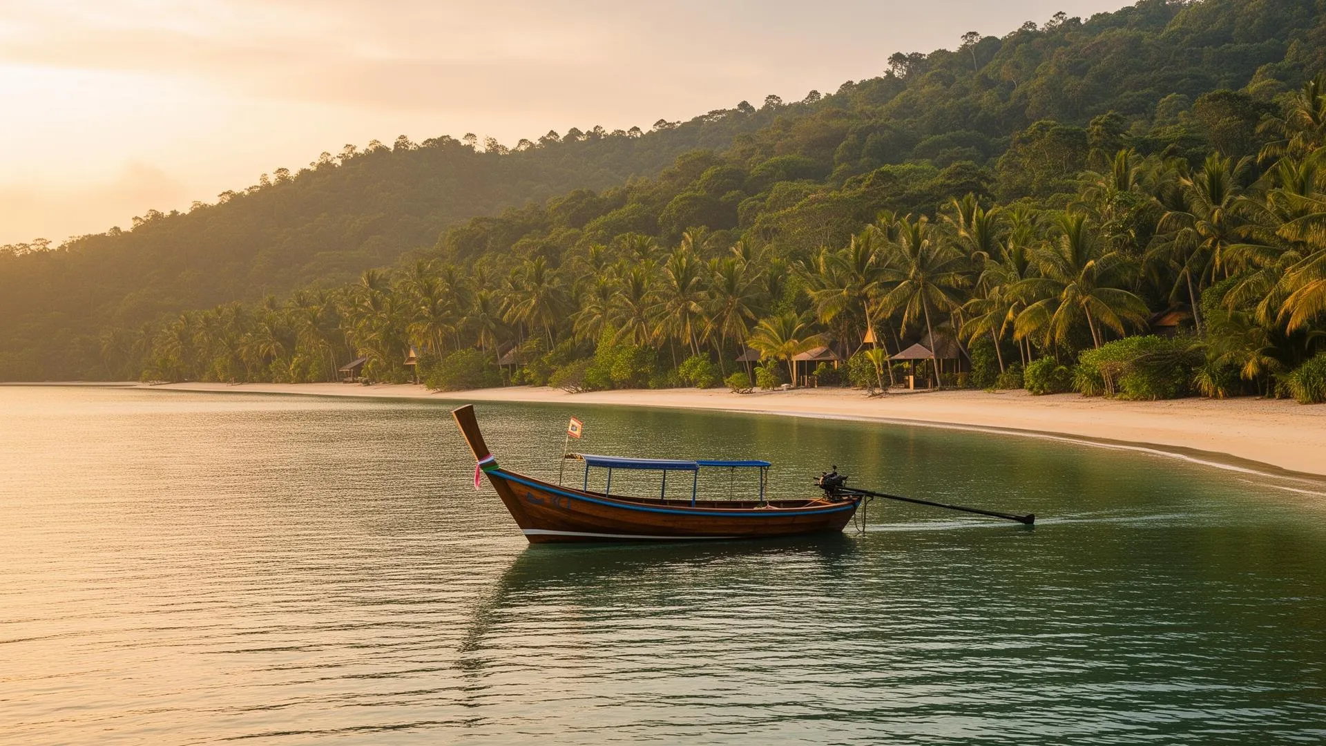 Quiet curved bay on Koh Samui at golden hour with a wooden longtail boat on glassy water and a tropical hillside of palms behind
