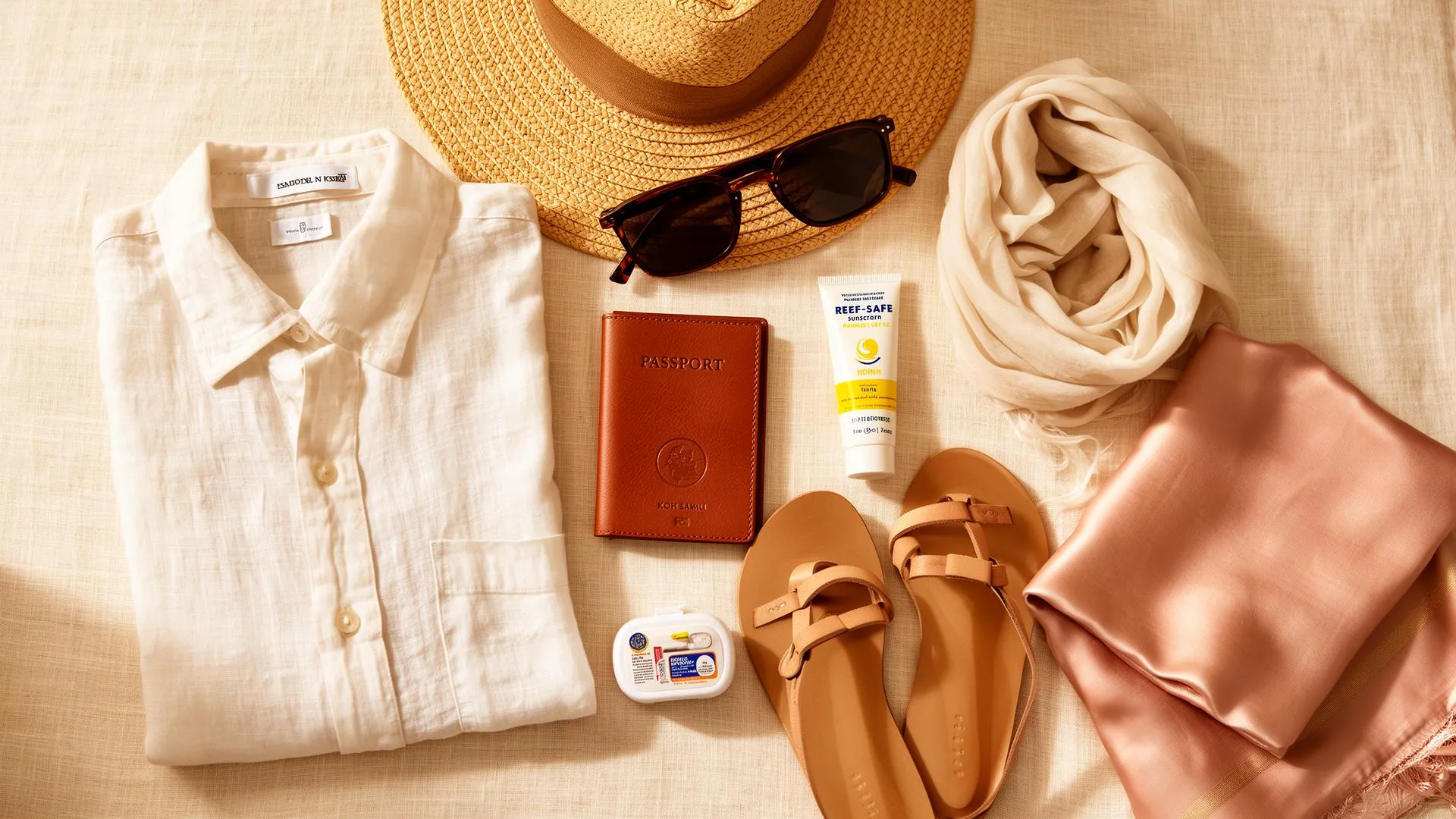 Flat-lay of linen clothing, straw hat, sunglasses, passport holder and reef-safe sunscreen on a cream linen surface