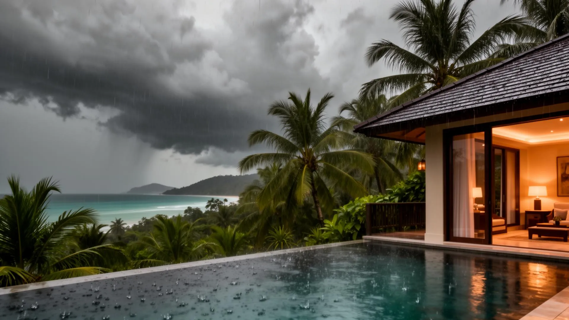 Tropical luxury villa on Koh Samui during rainy season with dramatic monsoon clouds, palm trees and a softly lit interior