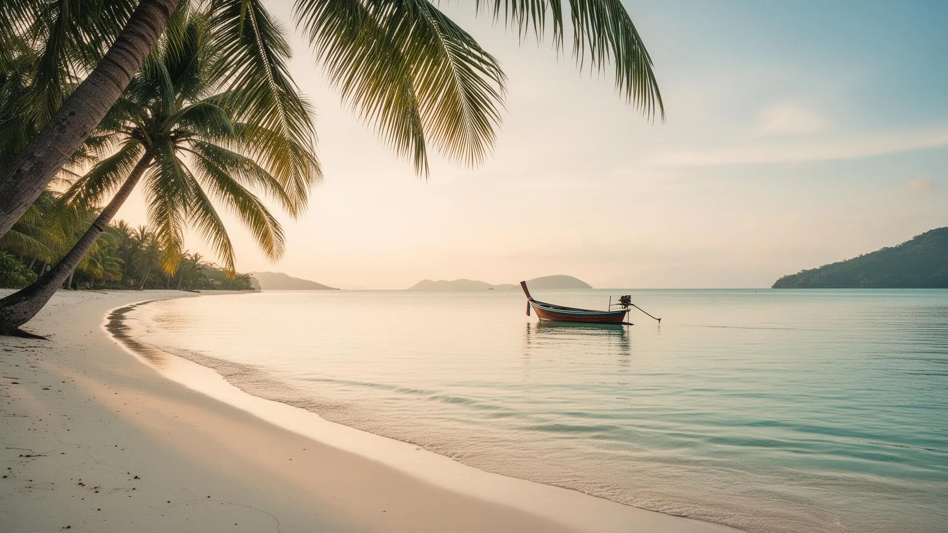 Family-friendly tropical beach on Koh Samui with calm shallow water, soft sand, and coconut palms