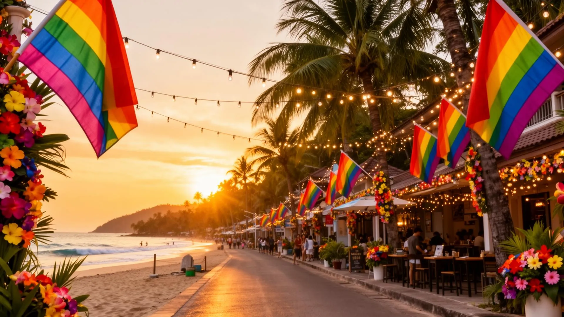 Colourful rainbow flags and tropical flowers decorating a beachside street in Koh Samui at sunset with warm golden light