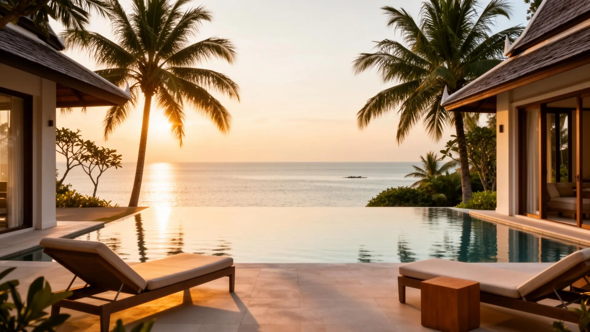 Sunset view from a private villa terrace overlooking the Gulf of Thailand on Koh Samui with infinity pool in foreground