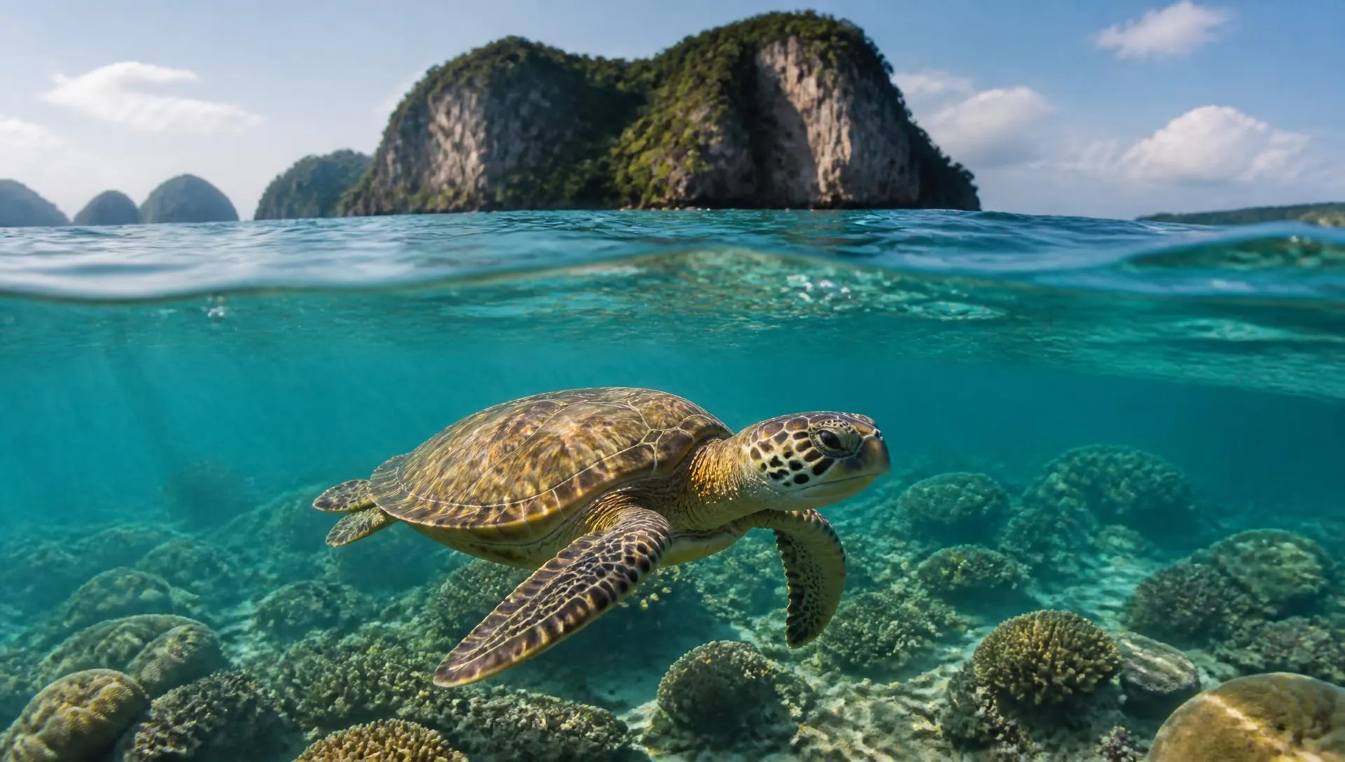 Green sea turtle gliding over a shallow coral reef in clear turquoise water near a tropical island in the Gulf of Thailand