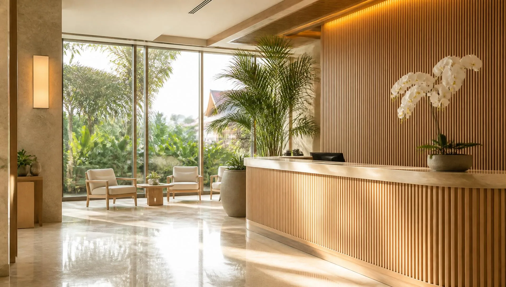 Warm, minimalist private hospital reception in tropical Thailand with wooden slatted walls, orchids and daylight through floor-to-ceiling windows