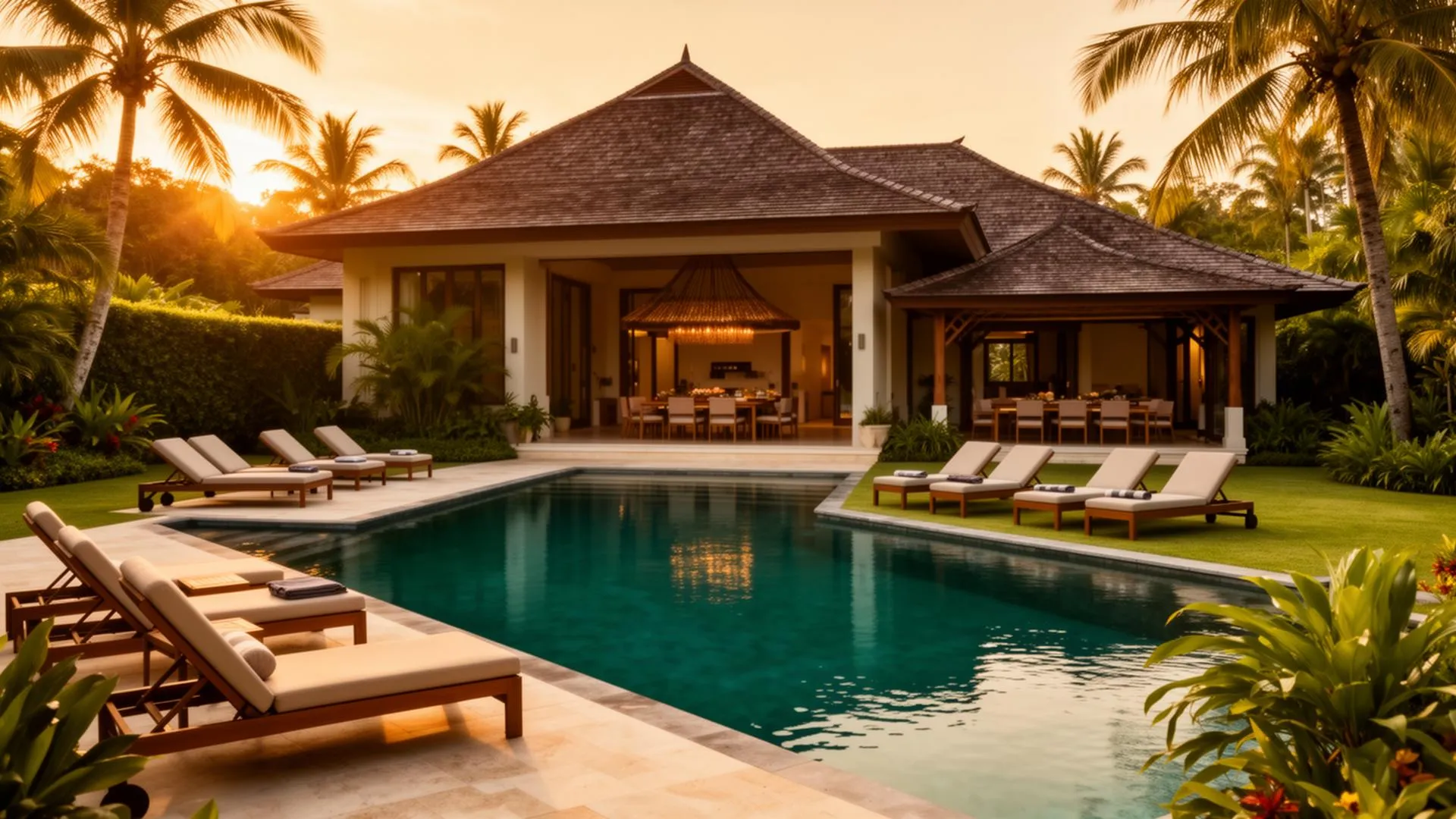 Spacious tropical Koh Samui villa exterior with infinity pool, multiple sun loungers, outdoor dining sala, and lush gardens at golden hour