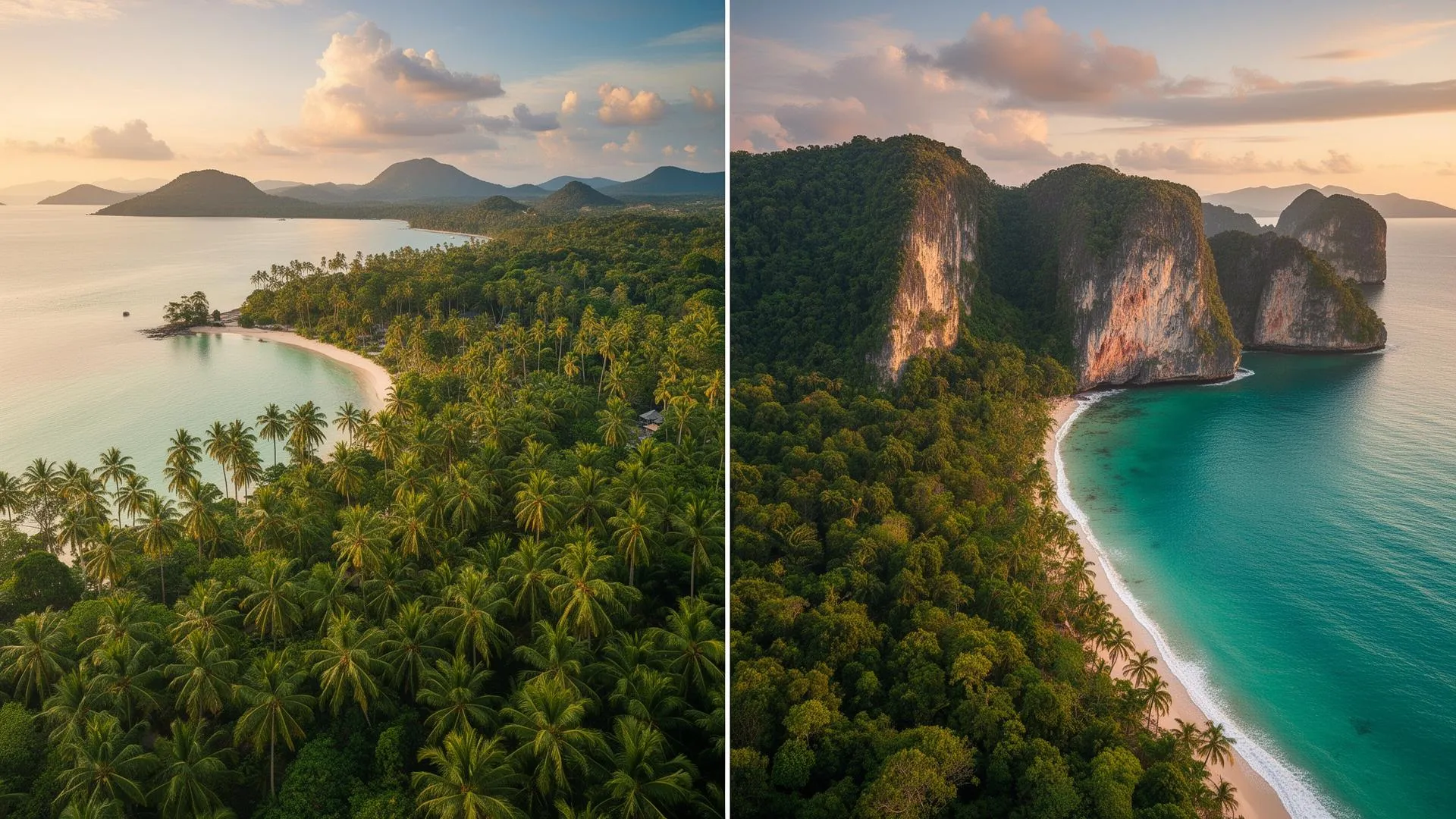 Split aerial comparison of Koh Samui calm Gulf coastline with coconut palms and Phuket dramatic Andaman limestone cliffs