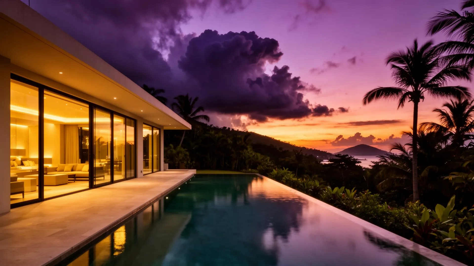 Tropical villa on Koh Samui illuminated at dusk with warm interior lighting against a dramatic sky