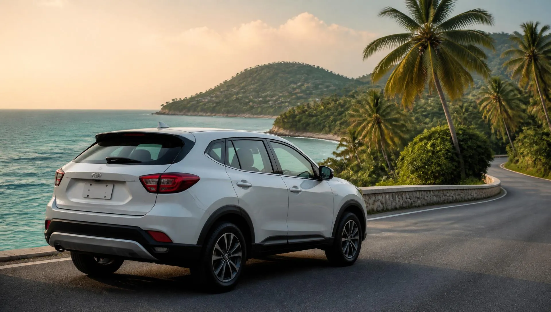 Compact SUV parked on a scenic coastal ring road above a turquoise bay on Koh Samui at golden hour