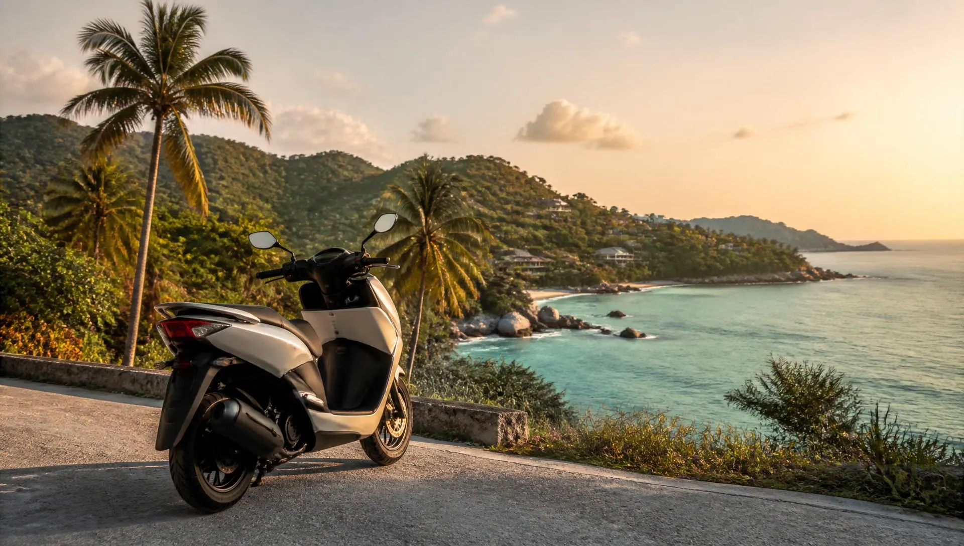 Scooter parked on a coastal road overlooking a turquoise bay with coconut palms on Koh Samui at golden hour