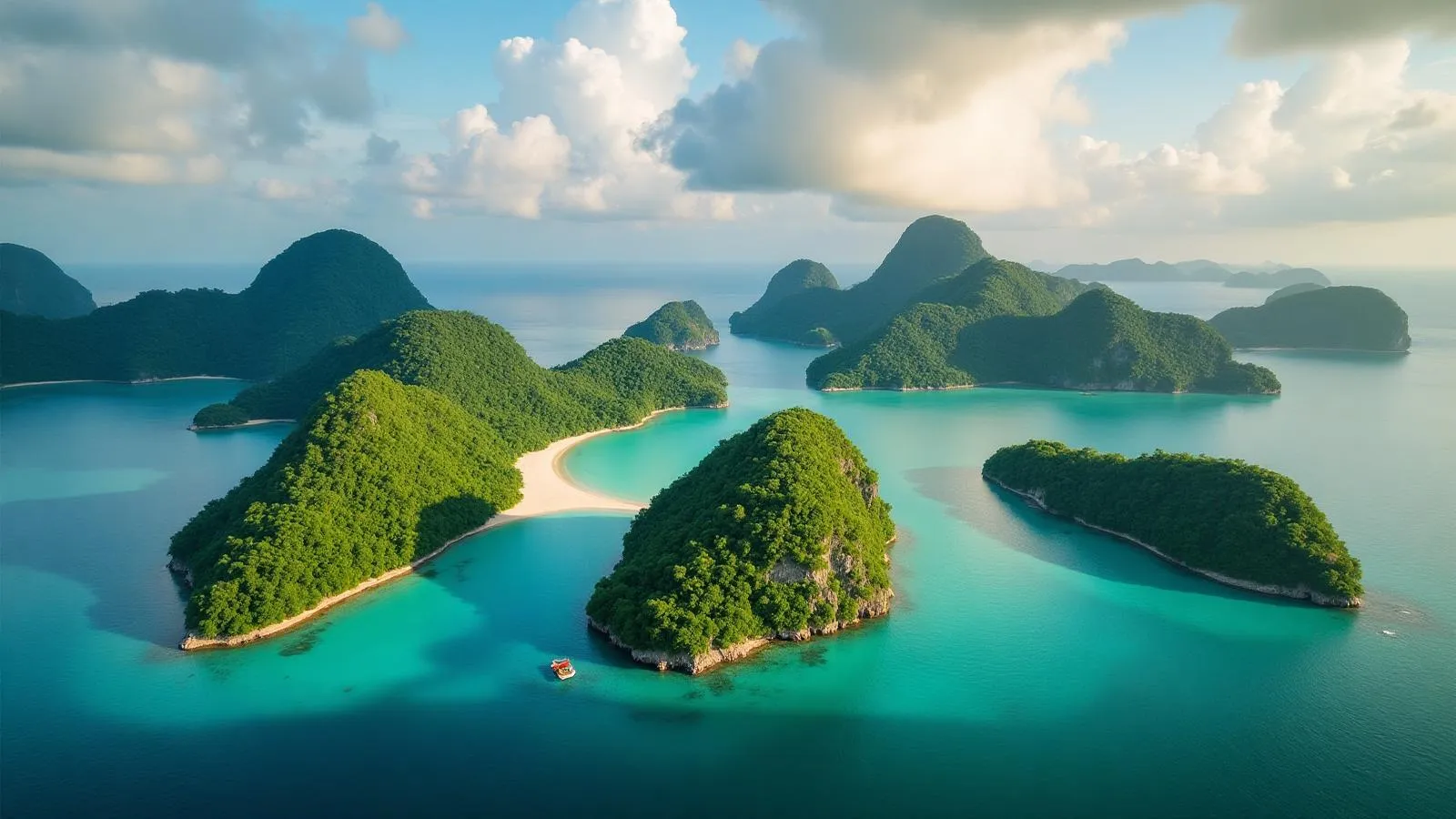 Aerial view of lush jungle-covered islands scattered across turquoise Gulf of Thailand waters near Koh Samui