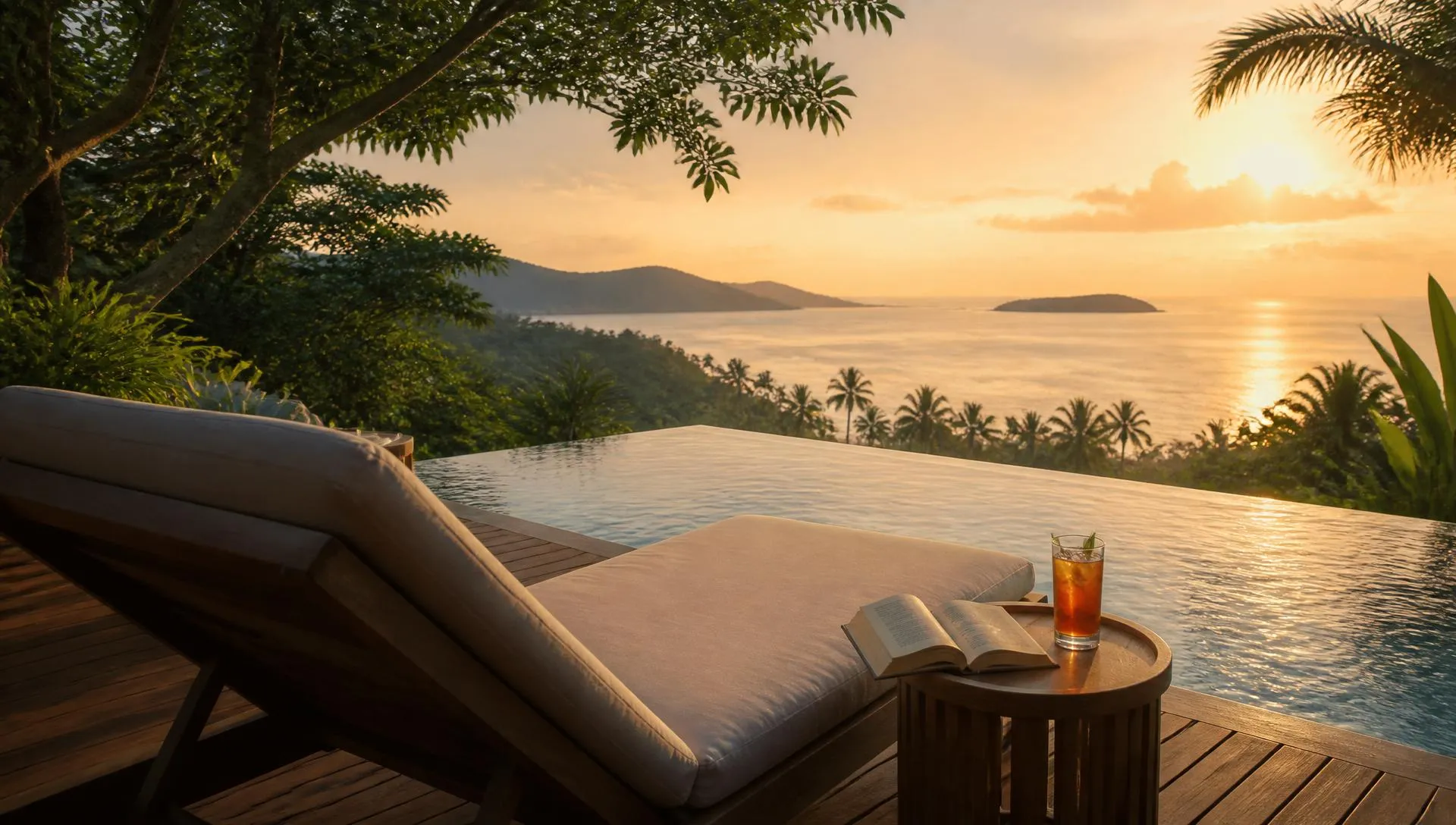 Single lounger on a private infinity pool deck at a Koh Samui hillside villa overlooking the Gulf of Thailand at golden hour