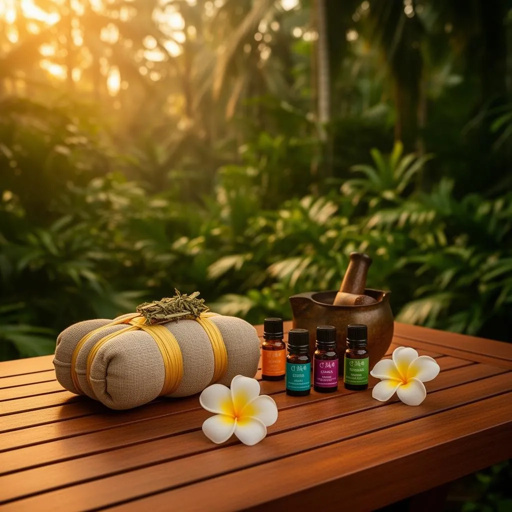 Тайский травяной компресс, эфирные масла и цветы плюмерии на деревянном столе в спа-салоне в тропических джунглях на Koh Samui.