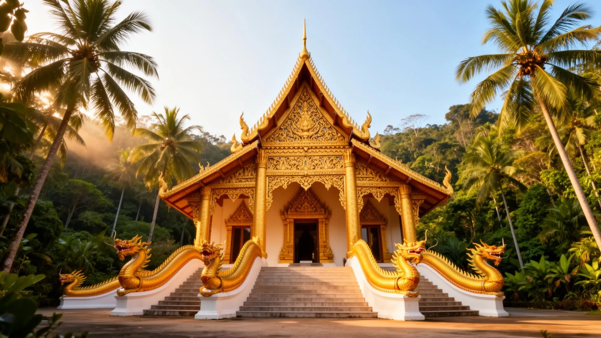 Golden Buddhist temple with ornate roof and naga serpent staircases surrounded by tropical palms on Koh Samui