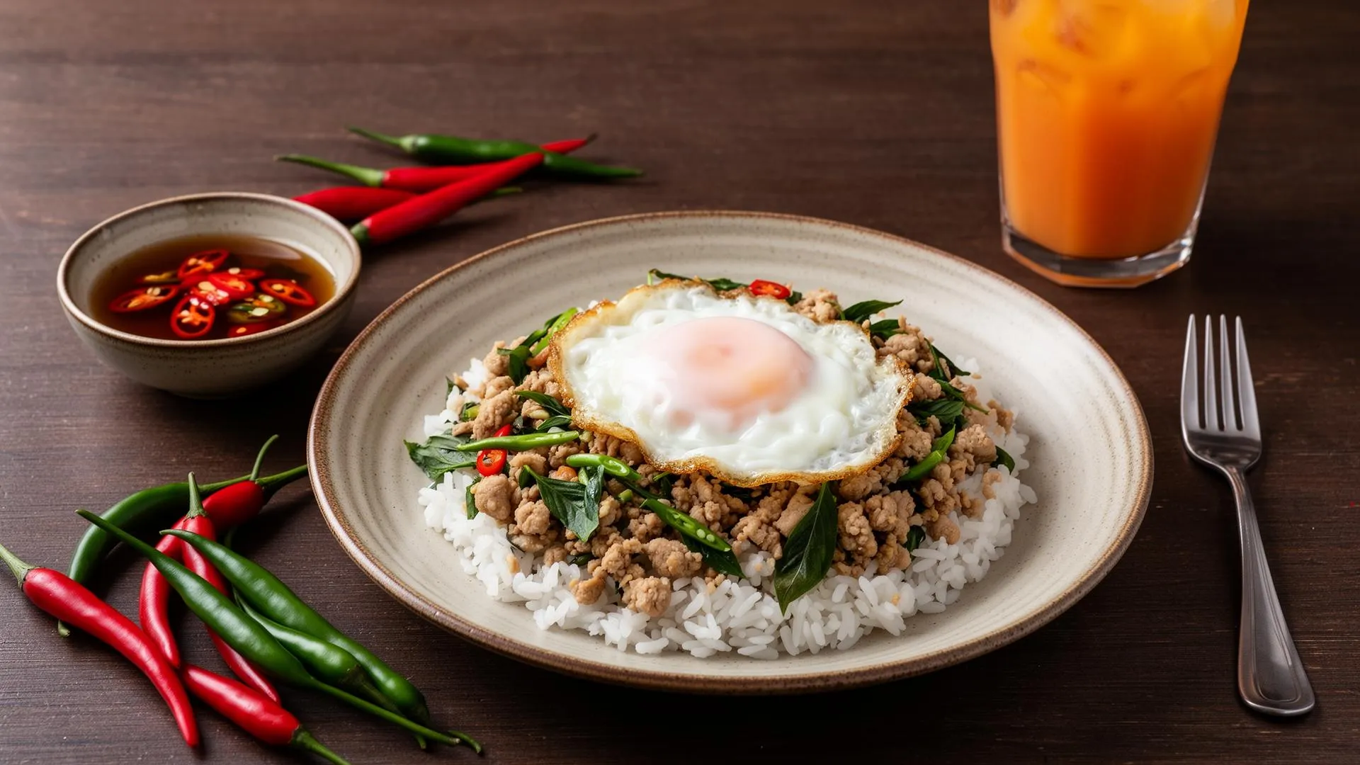 Thailändisches Pad Kra Pao Gai mit knusprigem Spiegelei auf Jasminreis, frischen roten und grünen Vogelaugen-Chilis und einem Glas orangefarbenem Thai-Eistee auf einem dunklen Holztisch