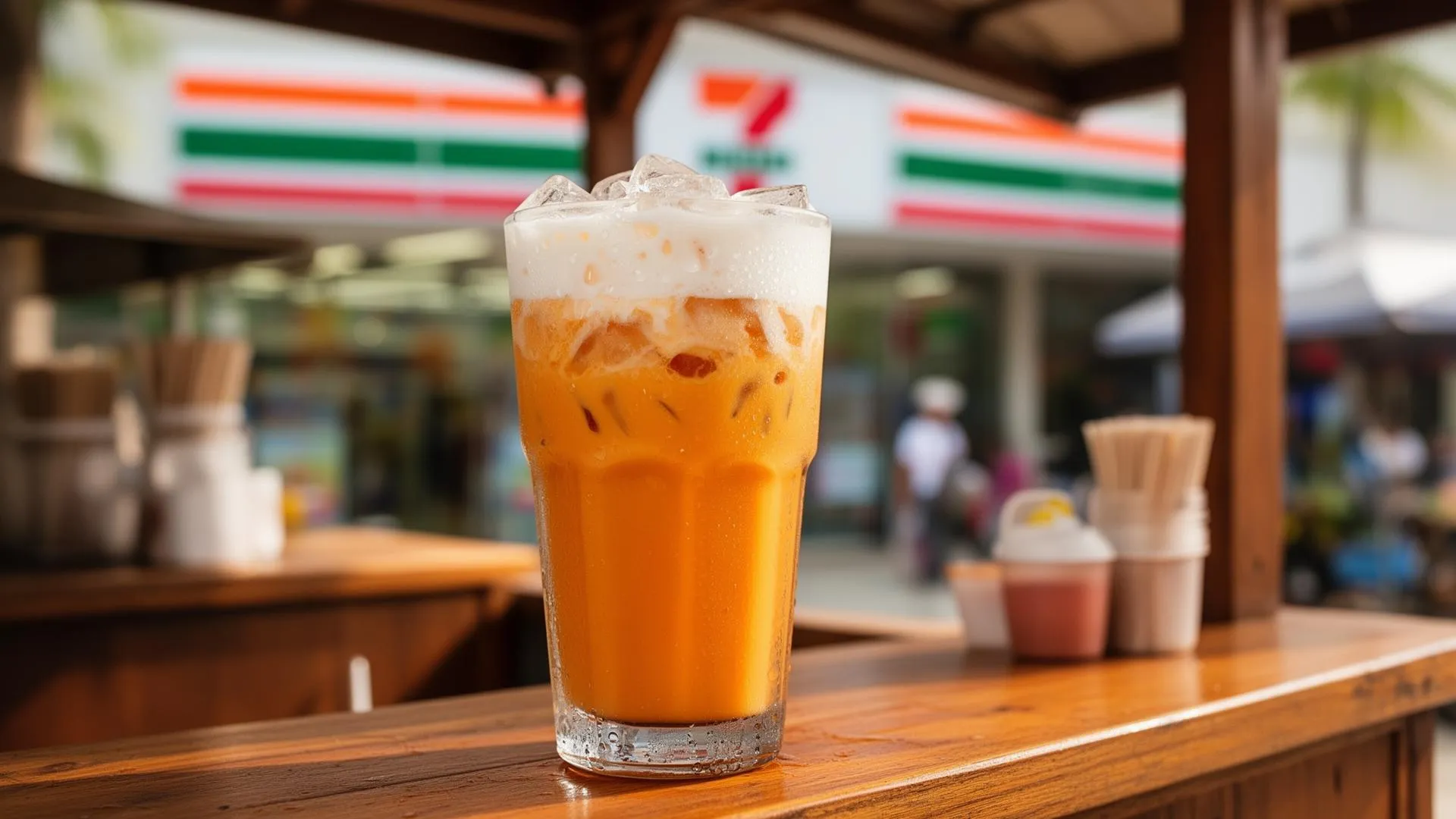 Высокий стакан ярко-оранжевого тайского холодного чая со слоем кокосового молока и кубиками льда на деревянном прилавке уличной кухни в Таиланде