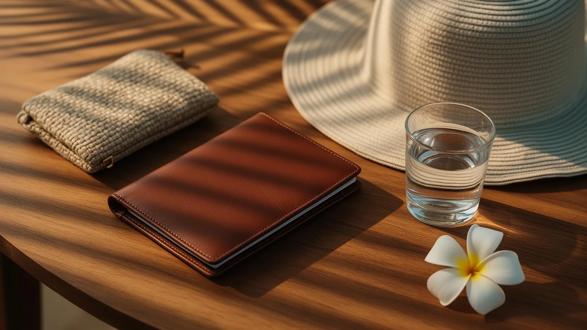 Eine ruhige Redaktionswohnung auf einer hölzernen Koh Samui-Terrasse zur goldenen Stunde — lederne Reisepass-Brieftasche, Sonnenhut aus Leinen, ein Glas Wasser und eine einzelne Frangipani-Blüte, mit Palmenschatten über dem Tisch
