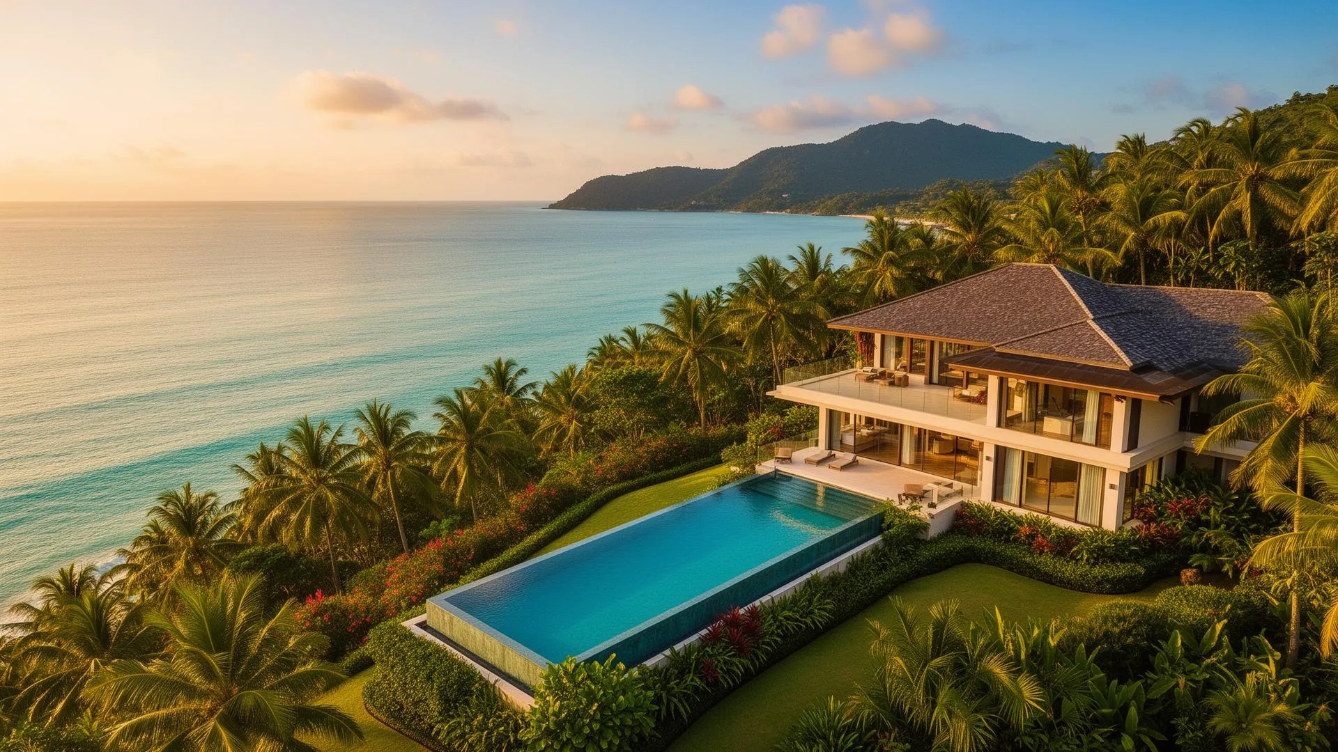Vue aérienne d'une villa privée avec piscine à débordement surplombant le golfe de Thaïlande à Koh Samui au coucher du soleil avec jardins tropicaux