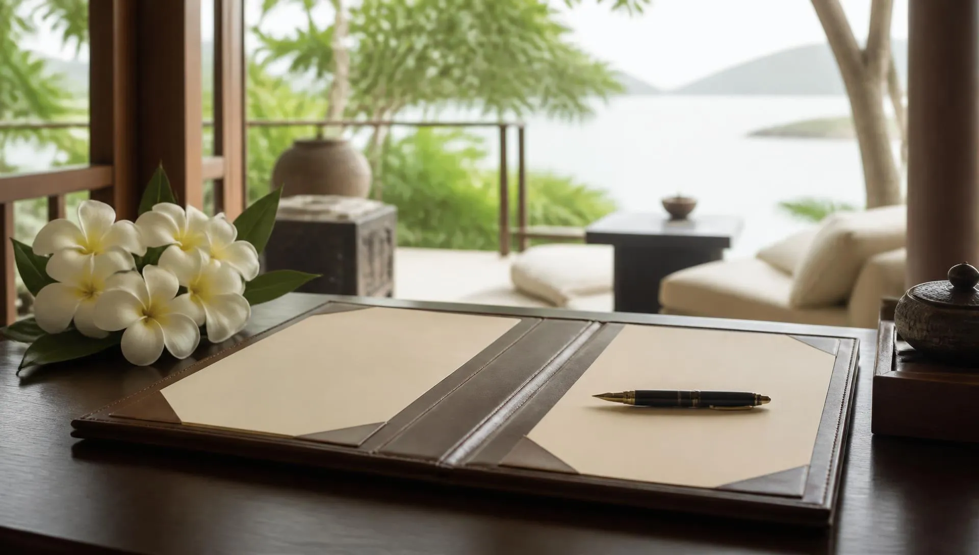Open leather document folder with cream paper and a fountain pen on a dark teak desk beside white frangipani, tropical villa terrace and sea in the background, Koh Samui.