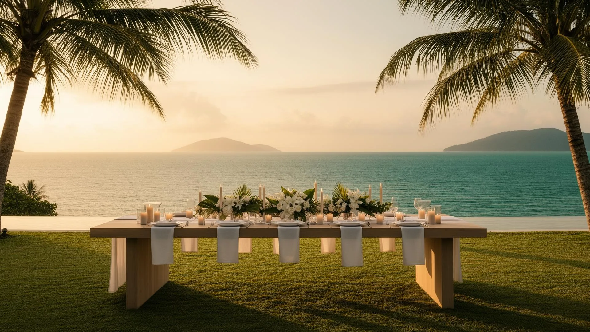 Long minimalist outdoor wedding table set with white linen, candles and tropical flowers at a Koh Samui villa overlooking the Gulf of Thailand at sunset