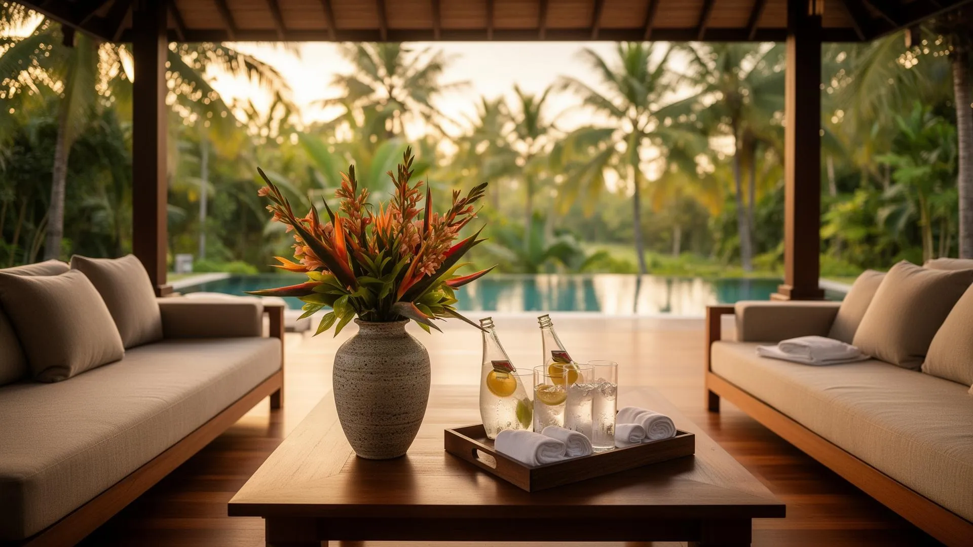 Open-air living pavilion of a luxury Koh Samui villa at golden hour with a welcome tray, fresh flowers and infinity pool in the background