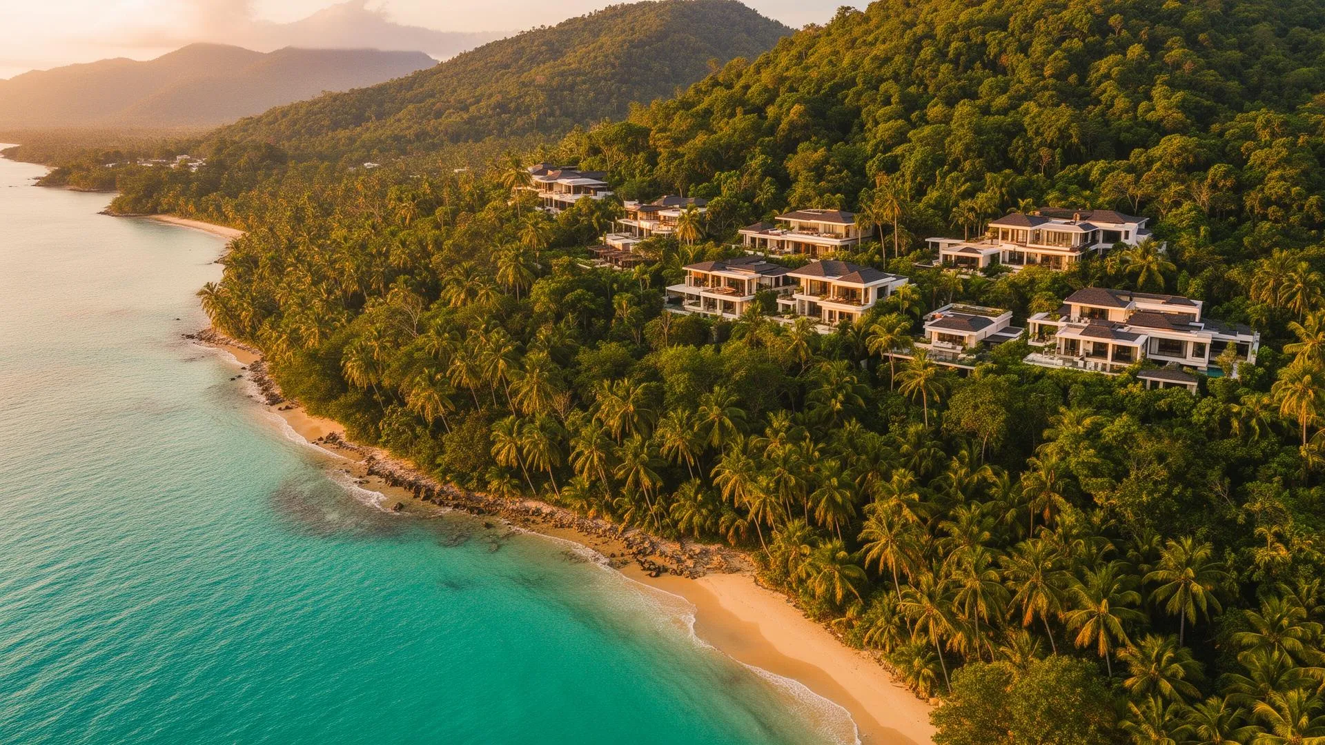 Aerial view of luxury hillside villas nestled in tropical jungle on Koh Samui's east coast between Lamai and Chaweng at golden hour