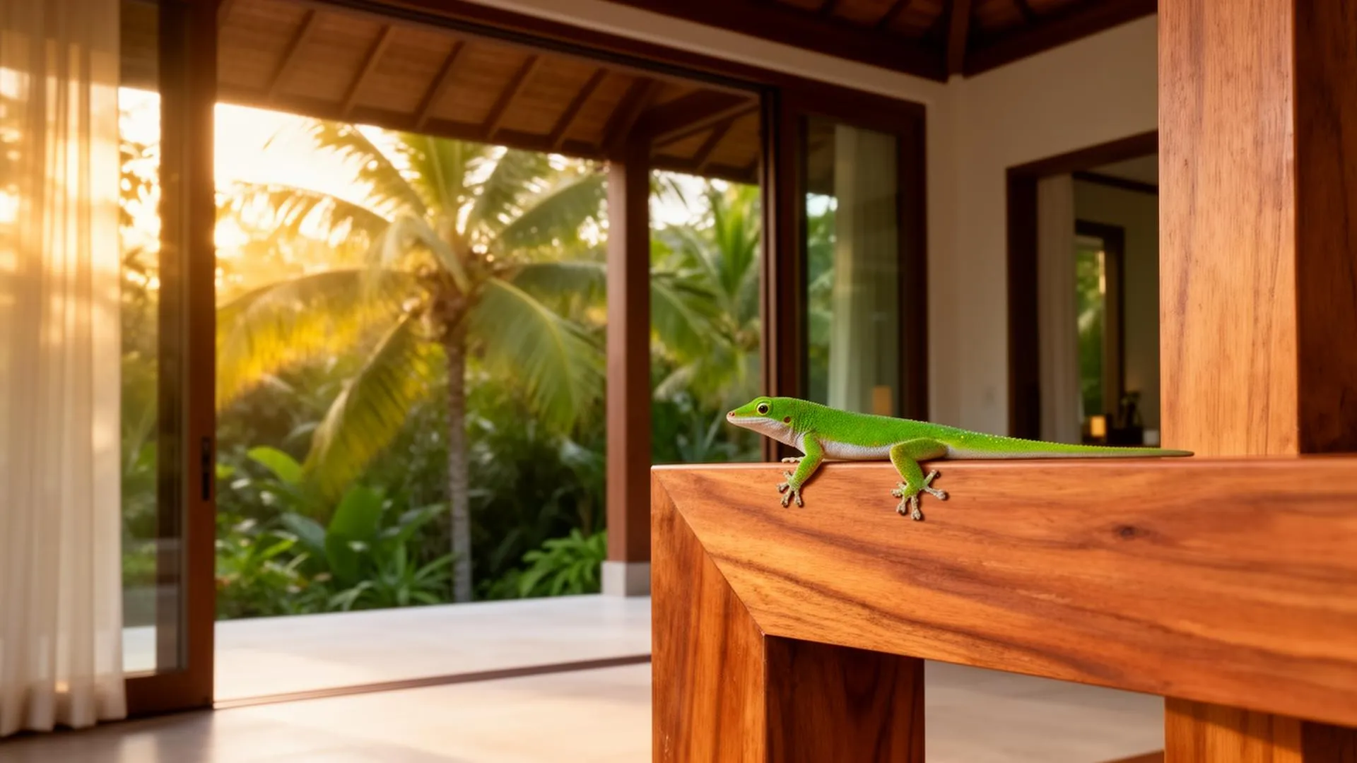 Small green gecko resting on a teak beam inside an open-air tropical villa on Koh Samui at golden hour