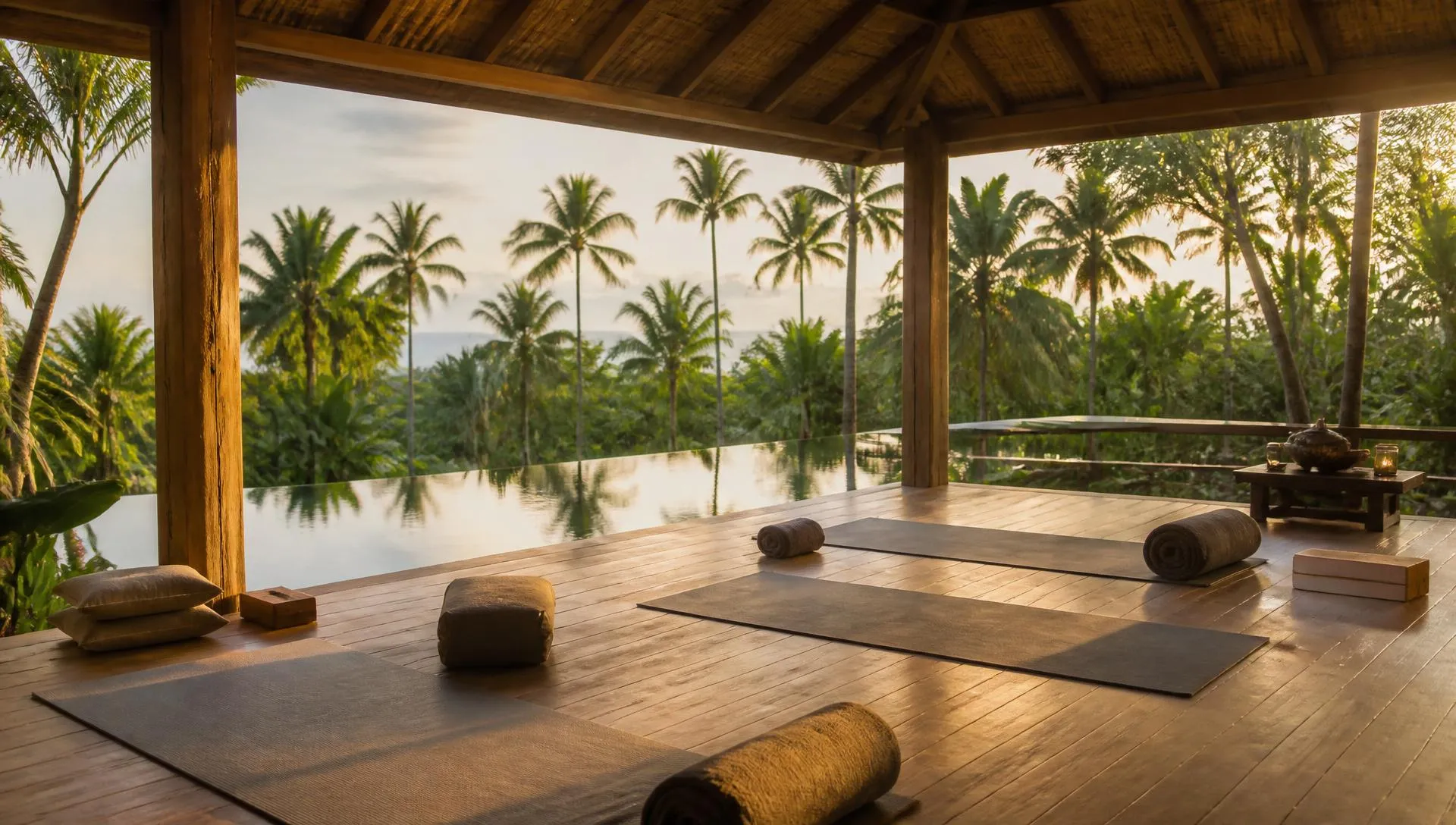 Open-air wooden yoga pavilion with rolled mats and bolsters at a Koh Samui luxury villa, palm trees and infinity pool at golden hour